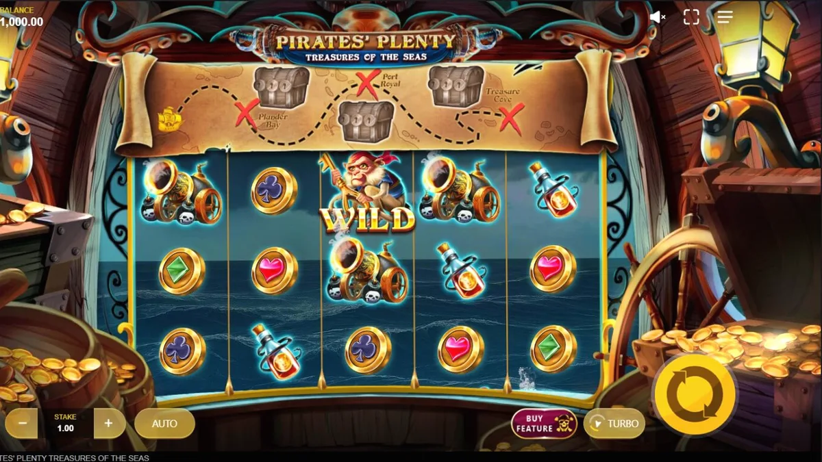 Tampilan layar permainan Pirates’ Plenty: Treasures of the Seas pada perangkat seluler