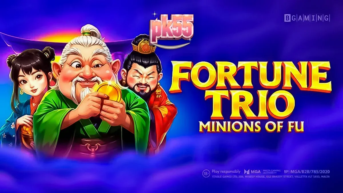 Tampilan visual slot Fortune Trio: Minions of Fu dengan karakter Asia dan simbol keberuntungan.